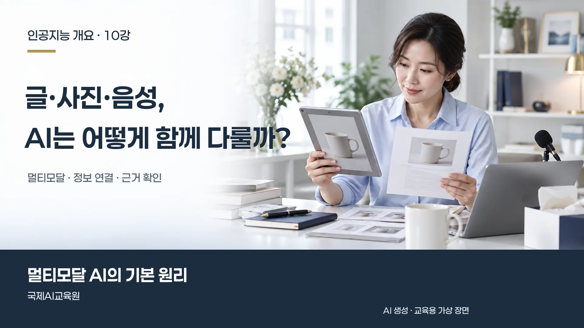 인공지능 개요 10강, 담당자가 사진과 태블릿, 문서를 비교하며 서로 다른 정보를 확인하는 장면.