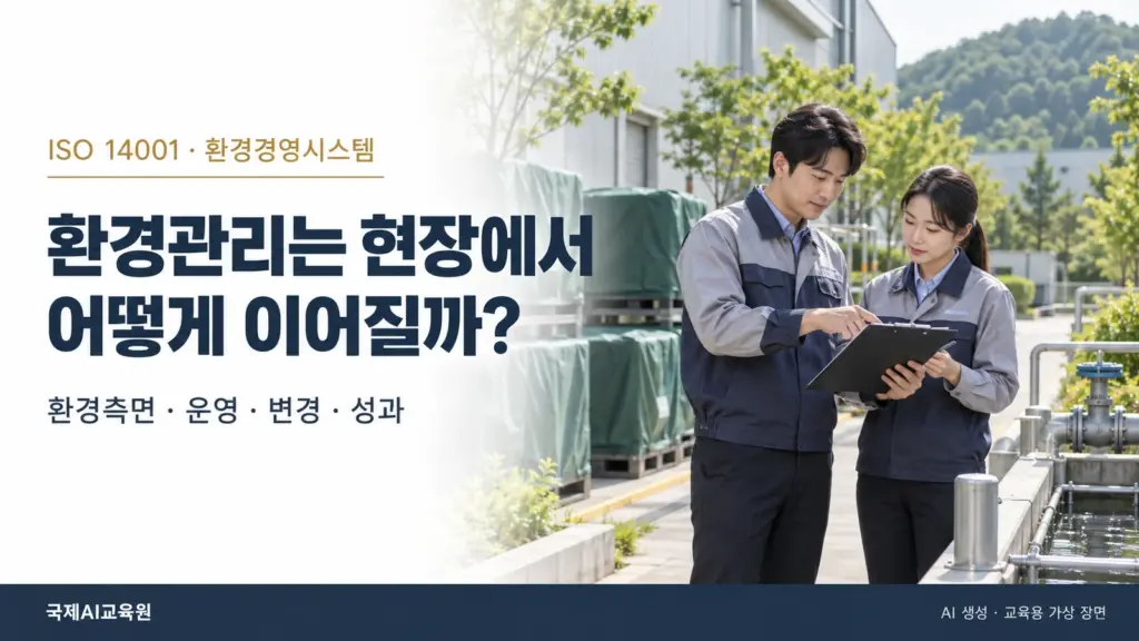 공장 외부에서 두 전문가가 현장과 점검 자료를 함께 확인하는 모습과 ‘환경관리는 현장에서 어떻게 이어질까?’라는 질문