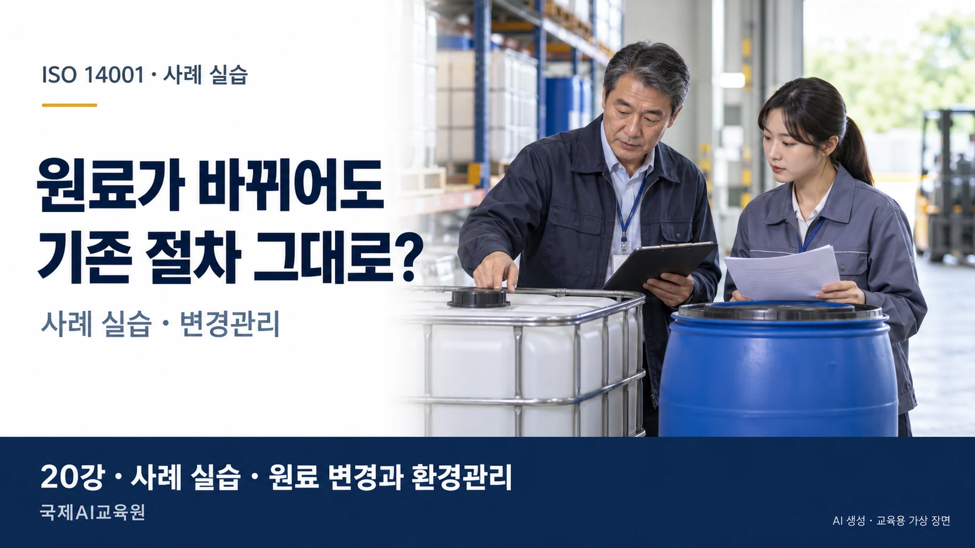 원료 창고에서 두 담당자가 변경 관련 자료를 검토하는 20강 사례 실습 썸네일