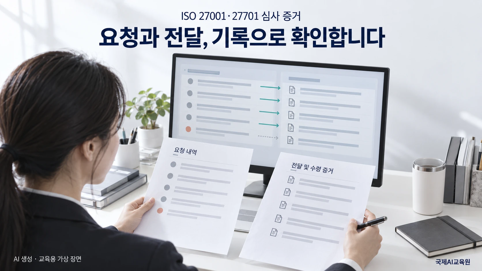 ISO 27001·27701 심사에서 API 요청 기록과 응답·수신 기록을 대조하는 전문가의 검토 장면