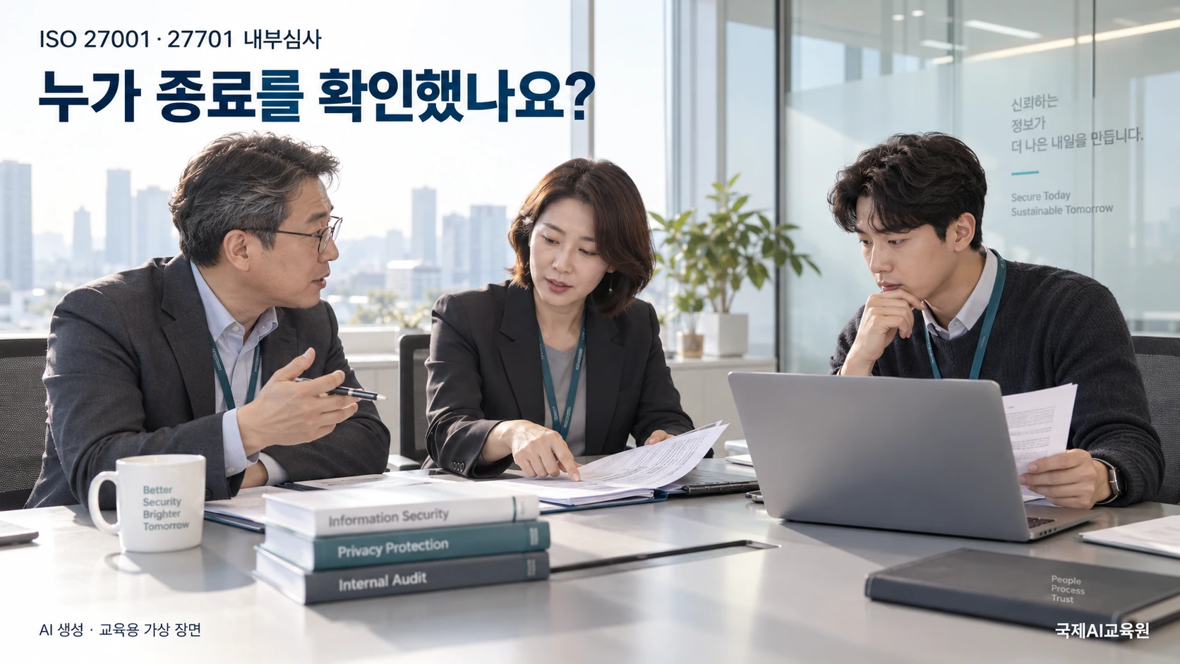 ISO 27001·27701 내부심사 인터뷰에서 계약·현업·IT 담당자가 위탁 종료와 접근권한 회수 기록을 함께 확인하는 모습