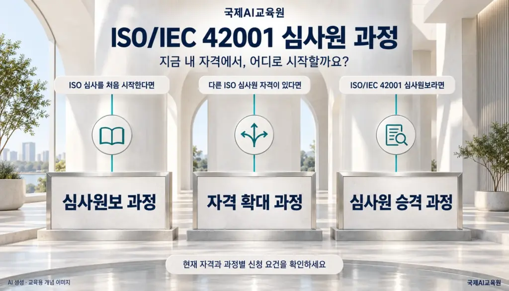 ISO 심사 입문자는 심사원보 과정, 다른 ISO 심사원은 자격 확대 과정, ISO/IEC 42001 심사원보는 심사원 승격 과정으로 연결되는 선택 안내도