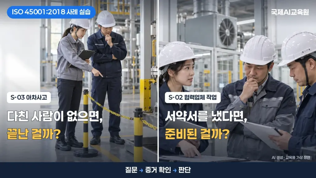 ISO 45001 심사원보 교육 사례 실습 영상 썸네일 — 왼쪽은 S-03 아차사고 현장을 살피는 두 사람, 오른쪽은 S-02 협력업체 작업 서류를 함께 보는 세 사람 (AI 생성 교육용 가상 장면)