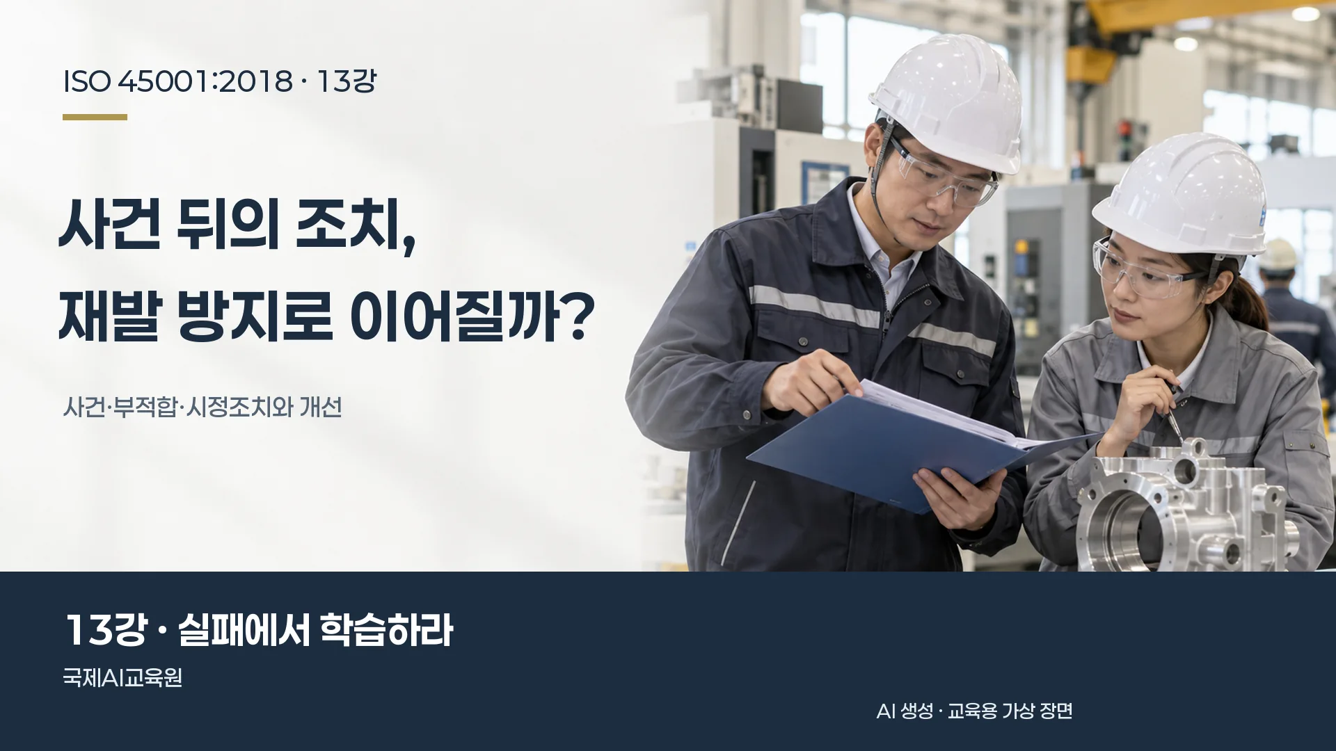 담당자들이 시정조치 자료와 부품을 검토하는 장면. ISO 45001 13강 교육용 이미지.
