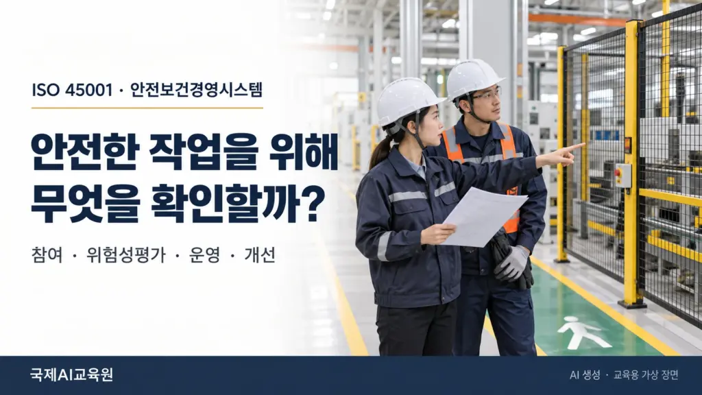 안전모를 쓴 전문가 두 명이 방호 울타리 밖에서 작업 자료와 설비를 확인하는 모습과 ‘안전한 작업을 위해 무엇을 확인할까?’라는 질문.