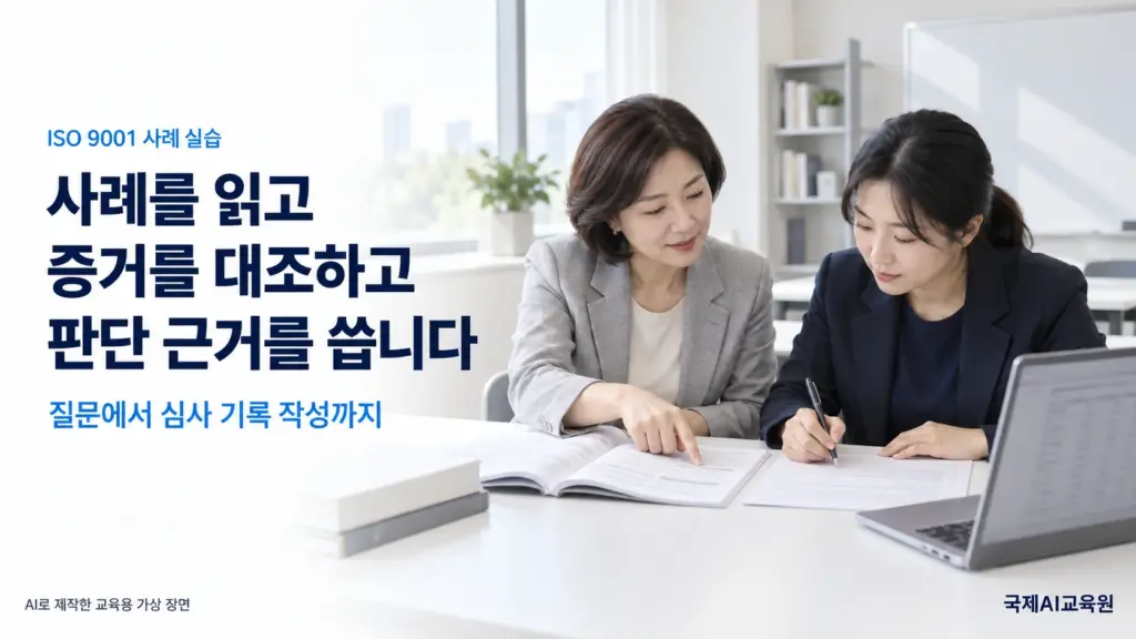 ISO 9001 사례 실습에서 강사와 학습자가 자료를 대조하며 판단 근거를 작성하는 AI 교육용 장면