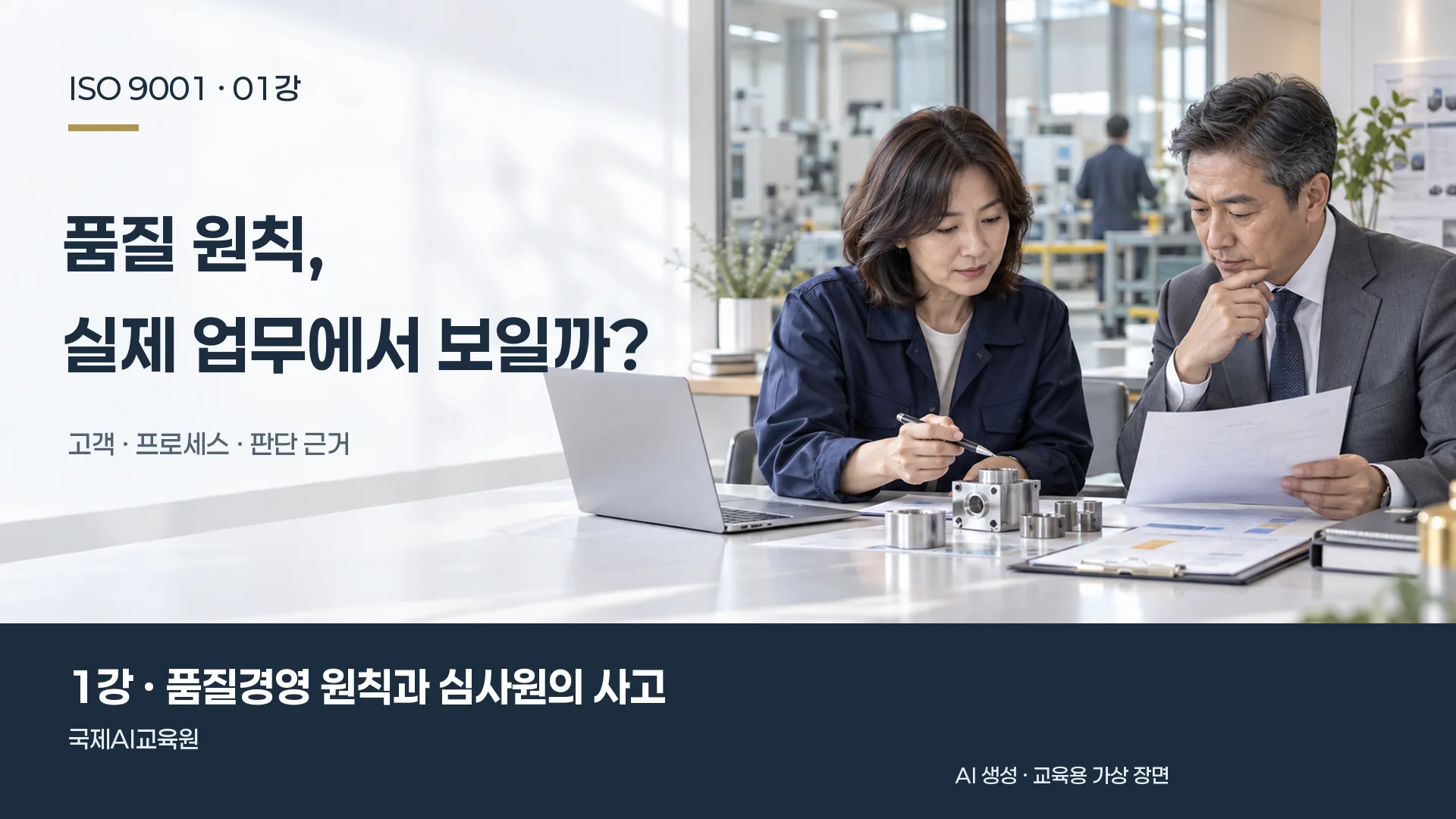 두 담당자가 고객 자료와 제품 샘플을 함께 검토하는 장면. ISO 9001 1강 교육용 이미지.