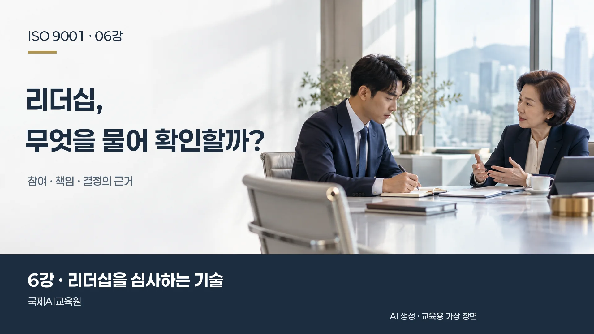 심사원이 리더의 설명을 듣고 기록하는 장면. ISO 9001 6강 교육용 이미지.