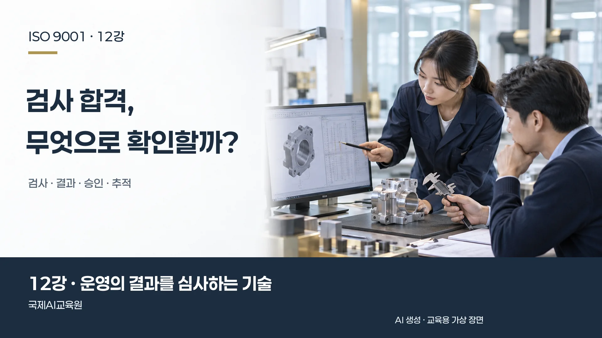 담당자들이 측정 결과와 생산된 부품을 비교하는 장면. ISO 9001 12강 교육용 이미지.