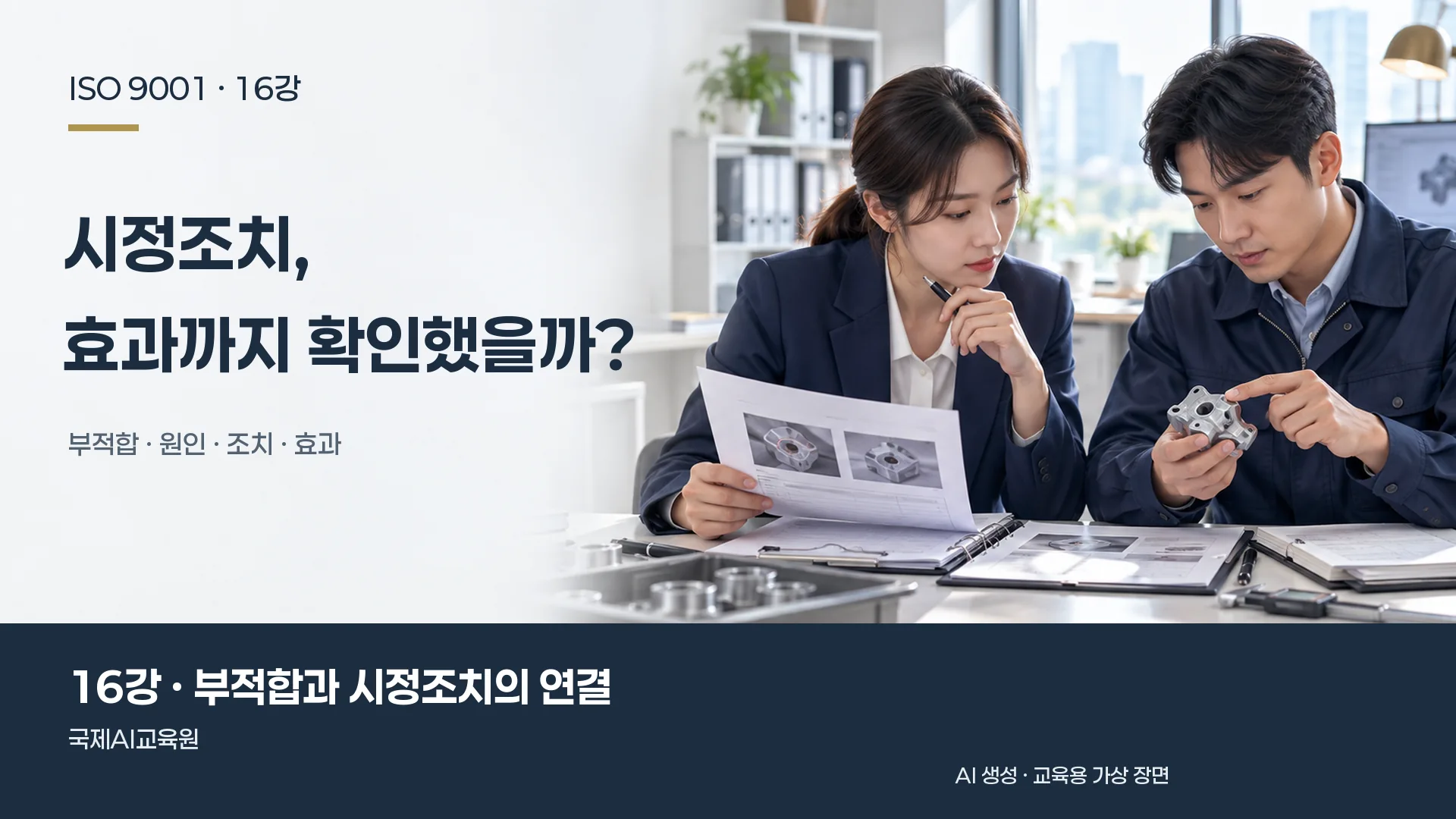 담당자들이 부품과 원인 분석·후속 확인 자료를 비교하는 장면. ISO 9001 16강 교육용 이미지.