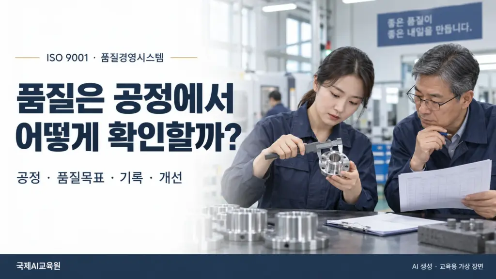검사대에서 전문가 두 명이 금속 부품을 측정하고 기록을 대조하는 모습.