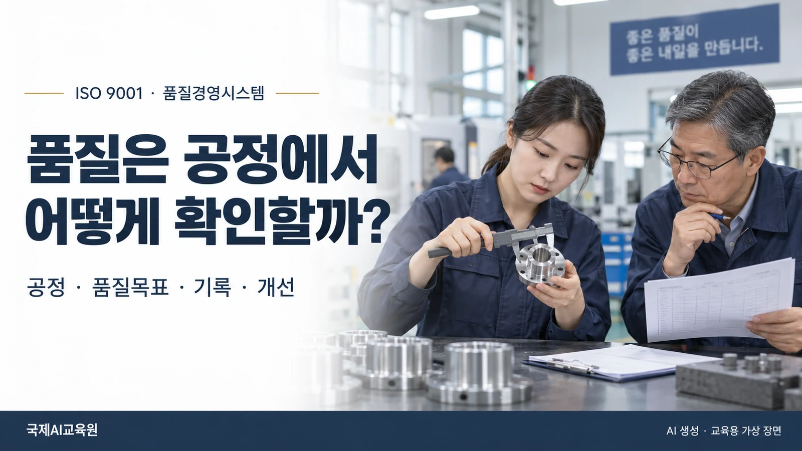 검사대에서 전문가 두 명이 금속 부품을 측정하고 기록을 대조하는 모습