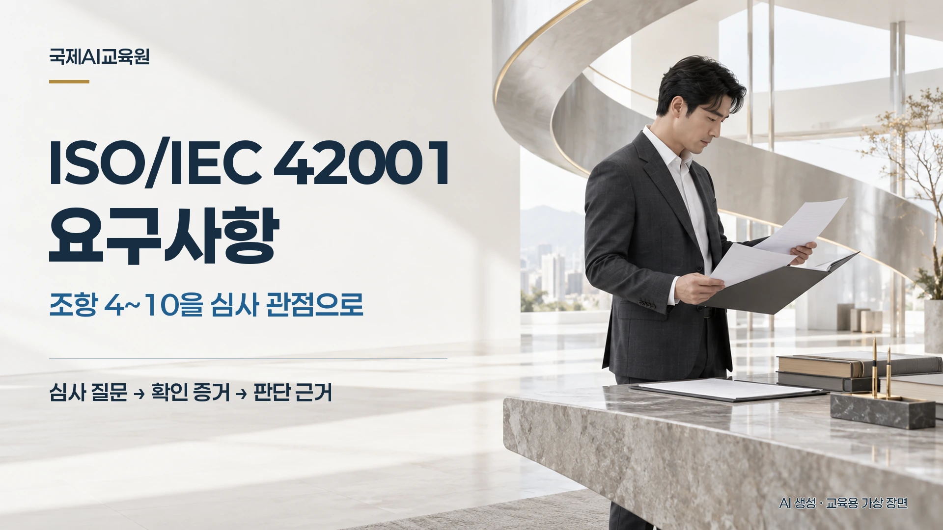 ISO/IEC 42001 요구사항, 조항 4~10을 심사 관점으로 ISO/IEC 42001 요구사항을 조항 4~10 심사 관점으로 정리한 대표 이미지 — 심사 질문, 확인 증거, 판단 근거의 흐름
