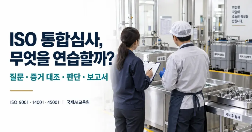 ISO 9001·14001·45001 통합심사 연습 과정을 보여주는 대표 이미지 — 인터뷰 질문, 증거 대조, 판단, 보고서 작성