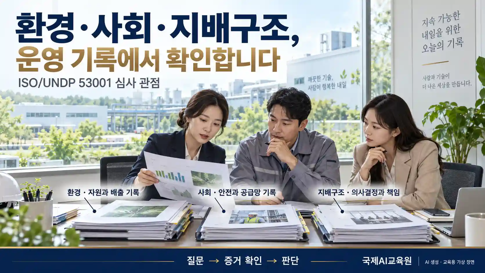 세 전문가가 환경·사회·지배구조 관련 운영 자료를 한 테이블에서 대조하는 교육용 가상 장면.