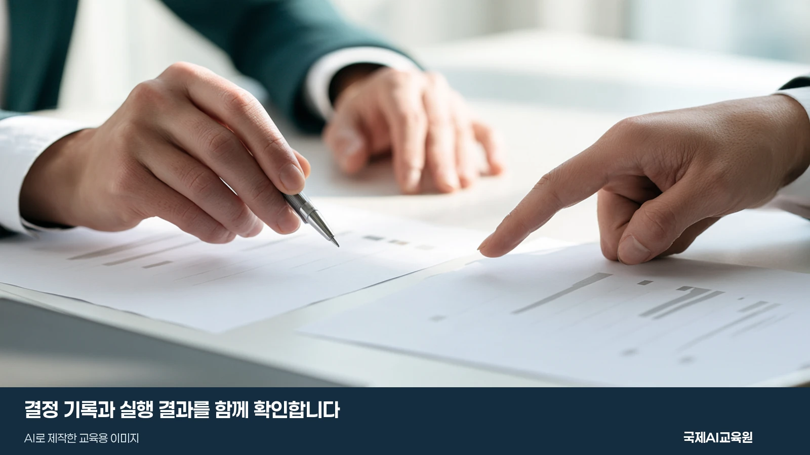 두 담당자가 나란히 놓인 문서를 펜과 손으로 가리키며 대조하는 교육용 가상 장면
