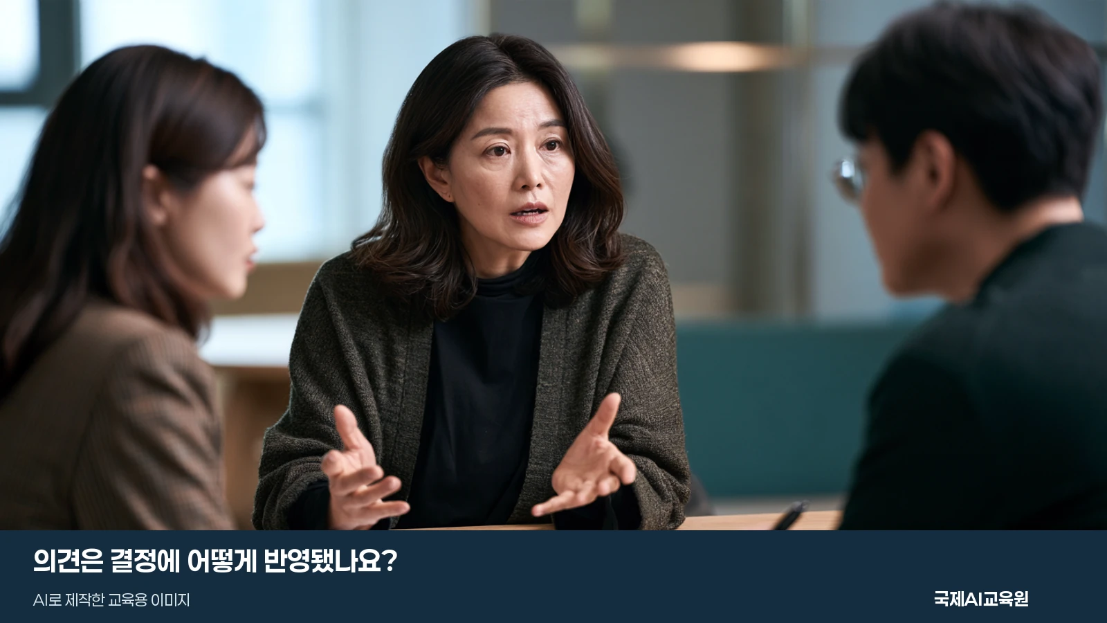 회의에서 한 사람이 의견을 설명하고 다른 참석자들이 듣고 기록하는 교육용 가상 장면