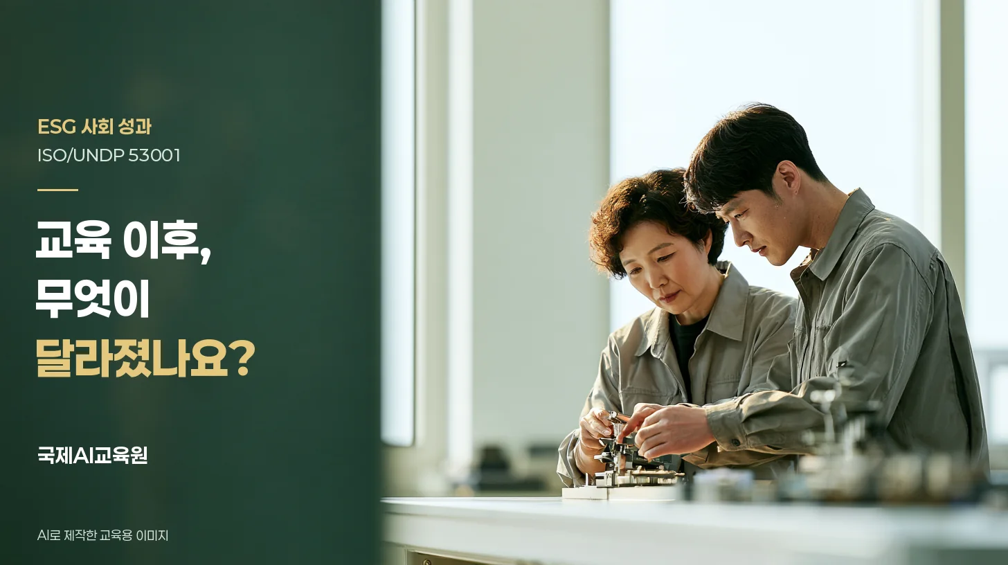 두 작업자가 작업대의 부품을 함께 살펴보며 교육 내용을 적용하는 ISO/UNDP 53001 ESG 사회 성과 학습용 장면