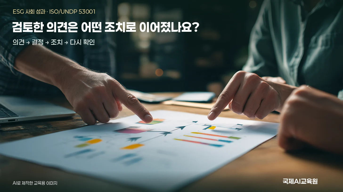 두 사람이 도형과 화살표가 있는 자료를 함께 가리키며 검토하는 ISO/UNDP 53001 학습용 장면