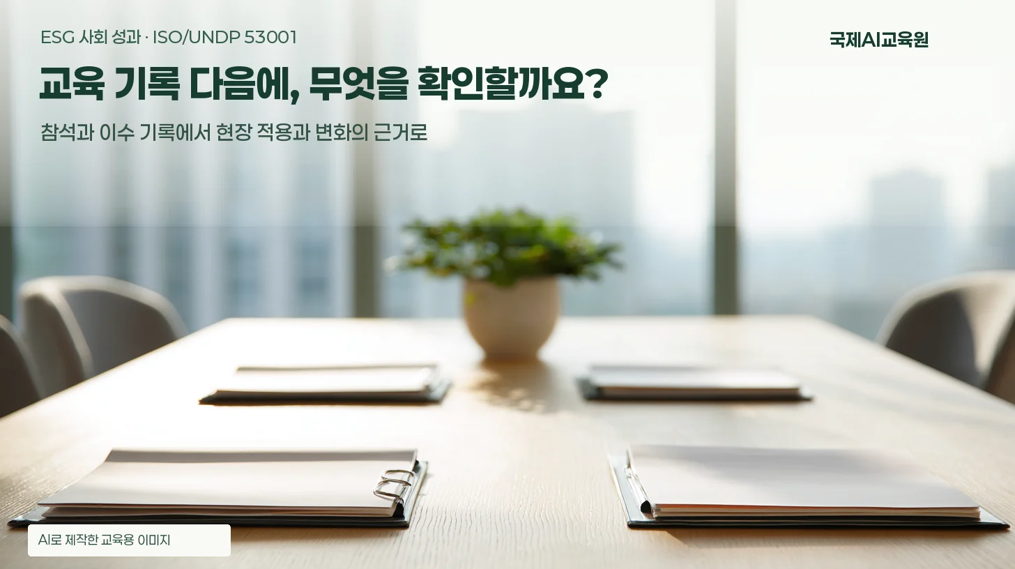 밝은 회의실 테이블에 빈 기록지와 파일이 놓인 ISO/UNDP 53001 교육 기록 검토 개념 이미지