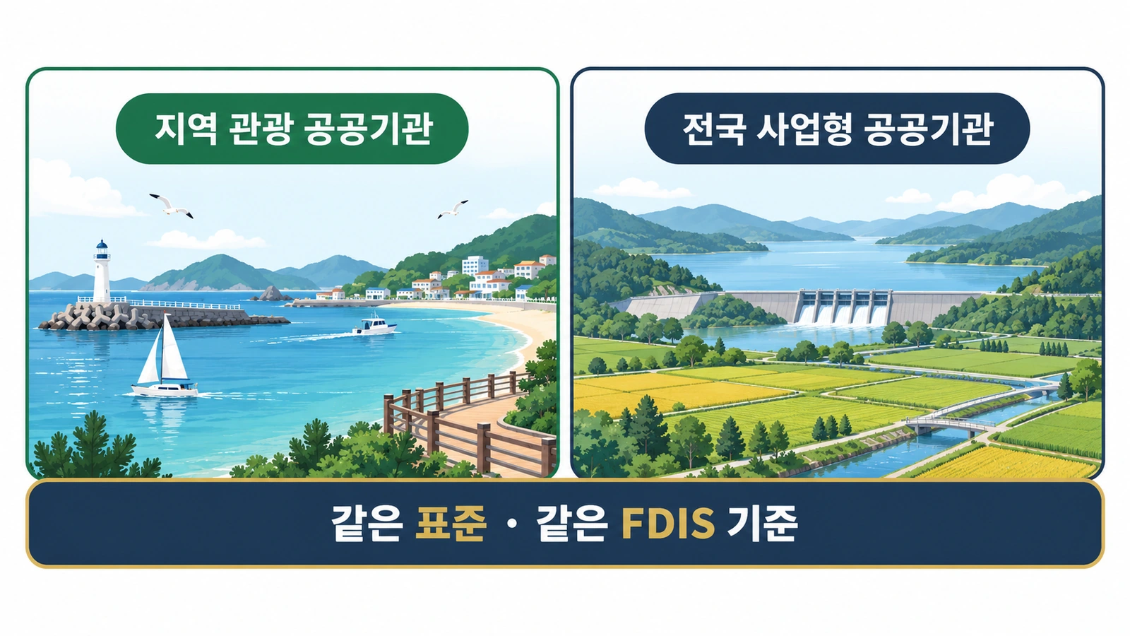 지역 관광 공공기관과 전국 사업형 공공기관을 좌우로 비교하고, 같은 표준과 같은 FDIS 기준을 공통 띠로 보여 주는 도식