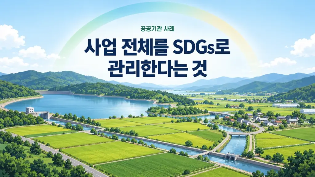 농경지와 저수지, 수로, 마을이 이어지는 부감 일러스트와 ‘사업 전체를 SDGs로 관리한다는 것’이라는 문구.