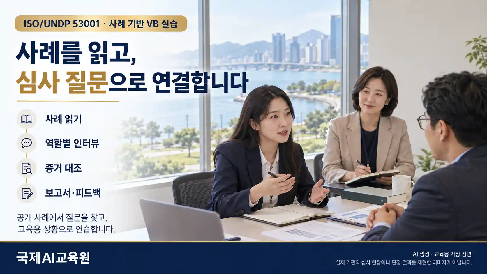 심사원 역할의 여성이 담당자 역할의 남성에게 질문하고 관찰자가 기록하는 장면과 사례 읽기, 인터뷰, 증거 대조, 보고서·피드백 순서.