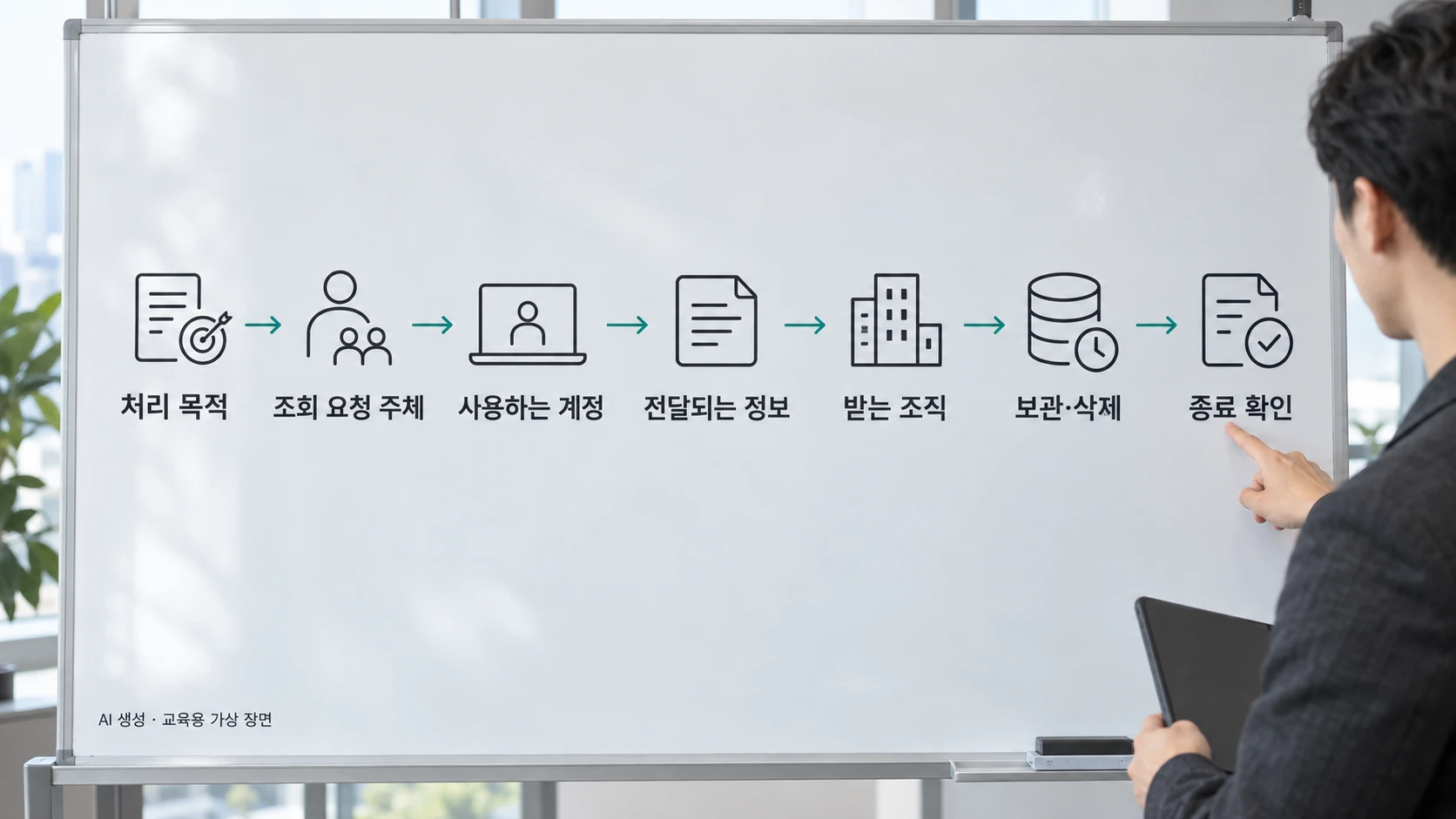 처리 목적부터 종료 확인까지 개인정보가 이동하는 7단계 흐름을 화이트보드에 그려 확인하는 내부심사 장면