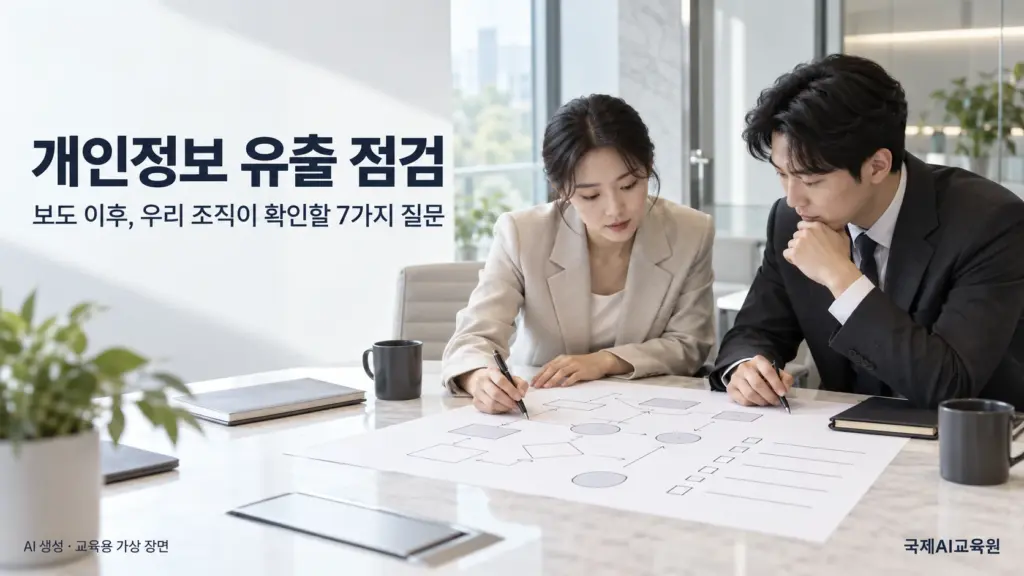 ISO 27001·27701 내부심사원과 개인정보 담당자가 정보 흐름도와 점검표를 보며 개인정보 유출 점검 질문을 정리하는 모습