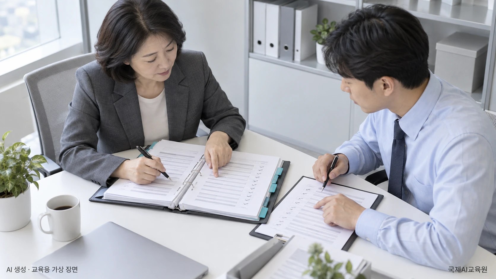 내부심사원이 개인정보 유출 대응 후 담당자와 함께 대응 기록과 점검표를 대조하는 ISO 27001·27701 내부심사 장면