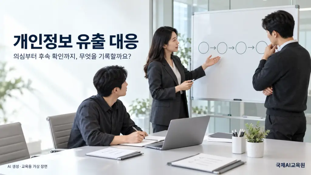 ISO 27001·27701 교육용 장면으로, 담당자 세 명이 시간 순서 도식 앞에서 개인정보 유출 대응 기록을 정리하는 모습