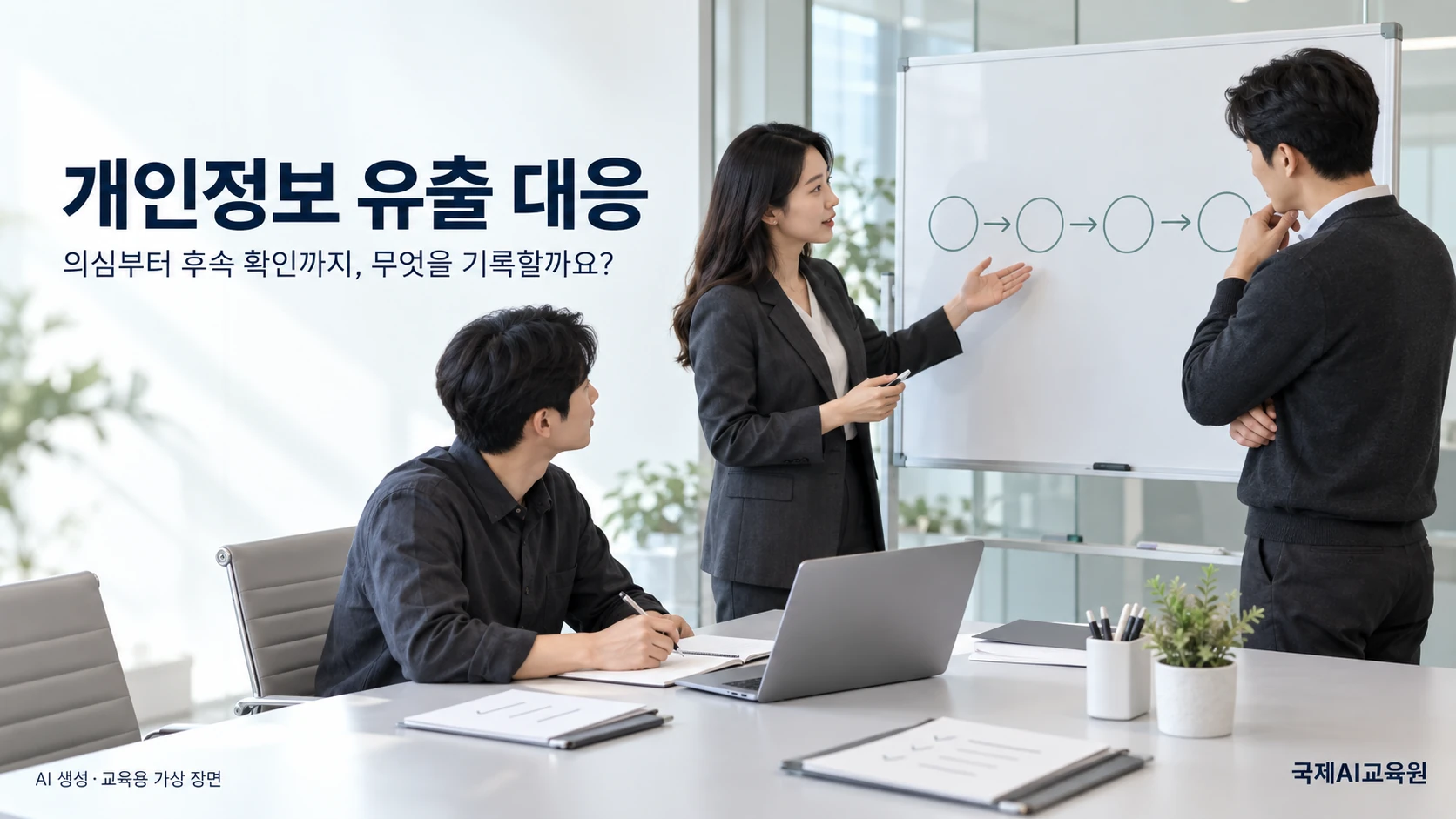 ISO 27001·27701 개인정보 유출 대응 절차에 따라 담당자들이 시간 순서 도식 앞에서 대응 기록을 정리하는 모습