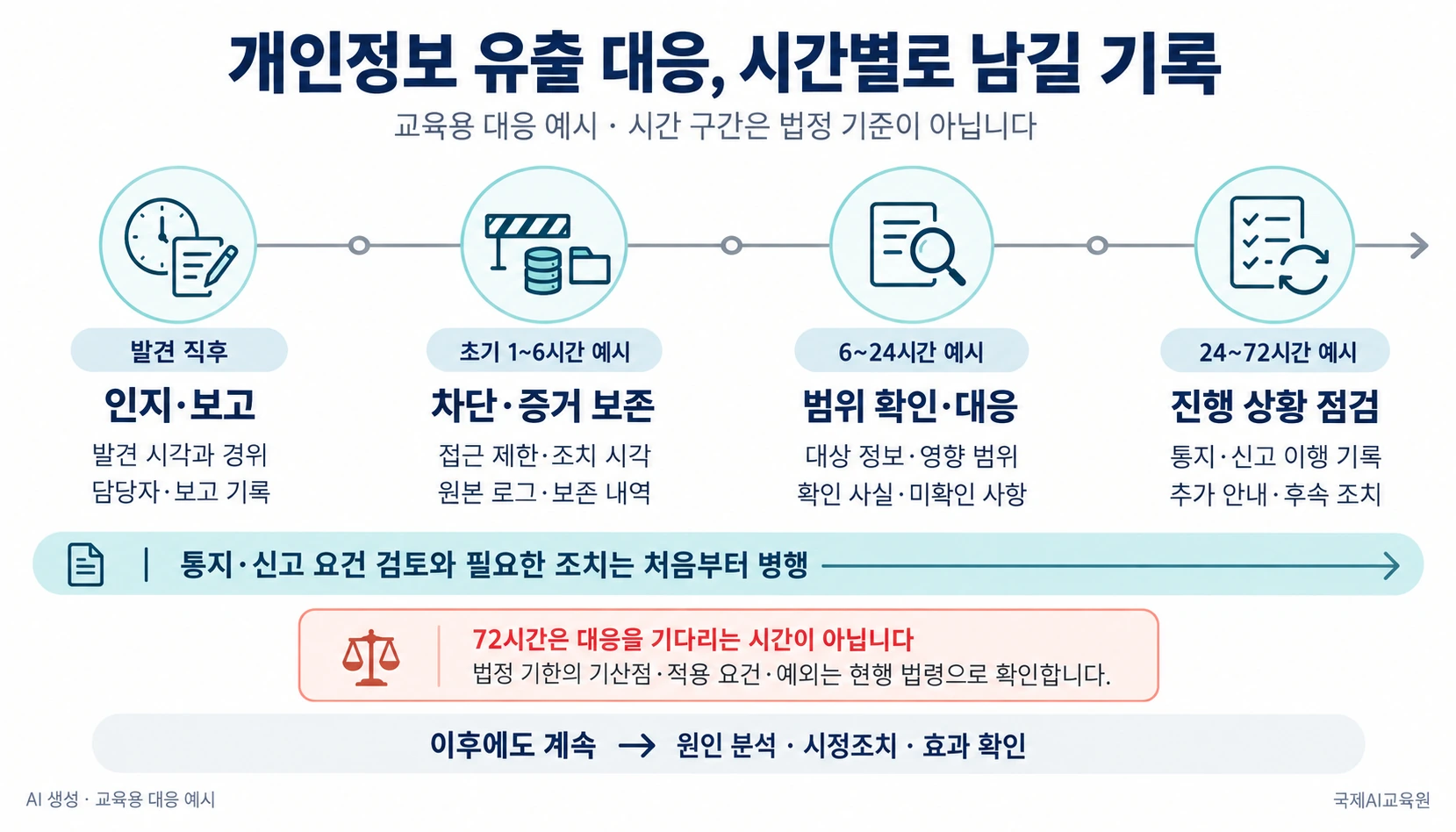 개인정보 유출 대응의 인지·보고, 차단·증거 보존, 범위 확인, 후속 점검을 시간대별로 연결한 ISO 27001·27701 교육용 도식